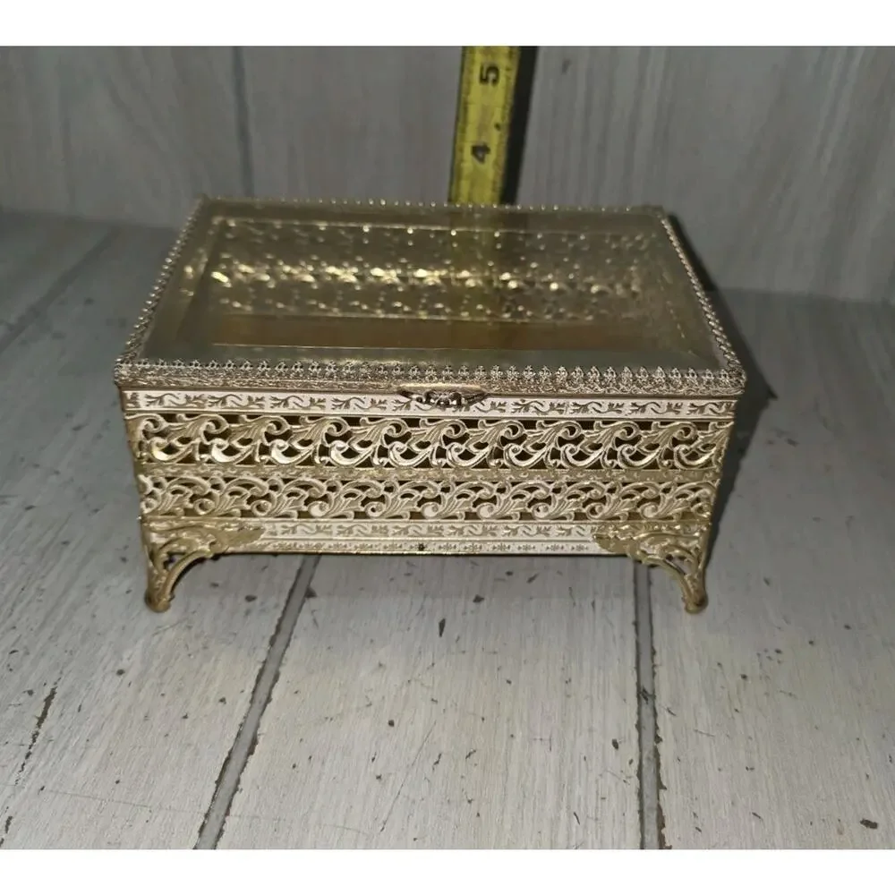 Vintage Antique Gilt Filigree Velvet Lined Beveled Glass Jewelry Box Victorian